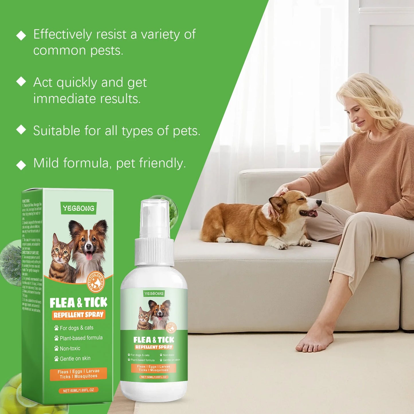 YEGBONG 50ml Pet Flea Mite Defense Spray Hypoallergenic Gentle Coat Care for Dogs and Cats with Non Toxic Plant Based Formula
