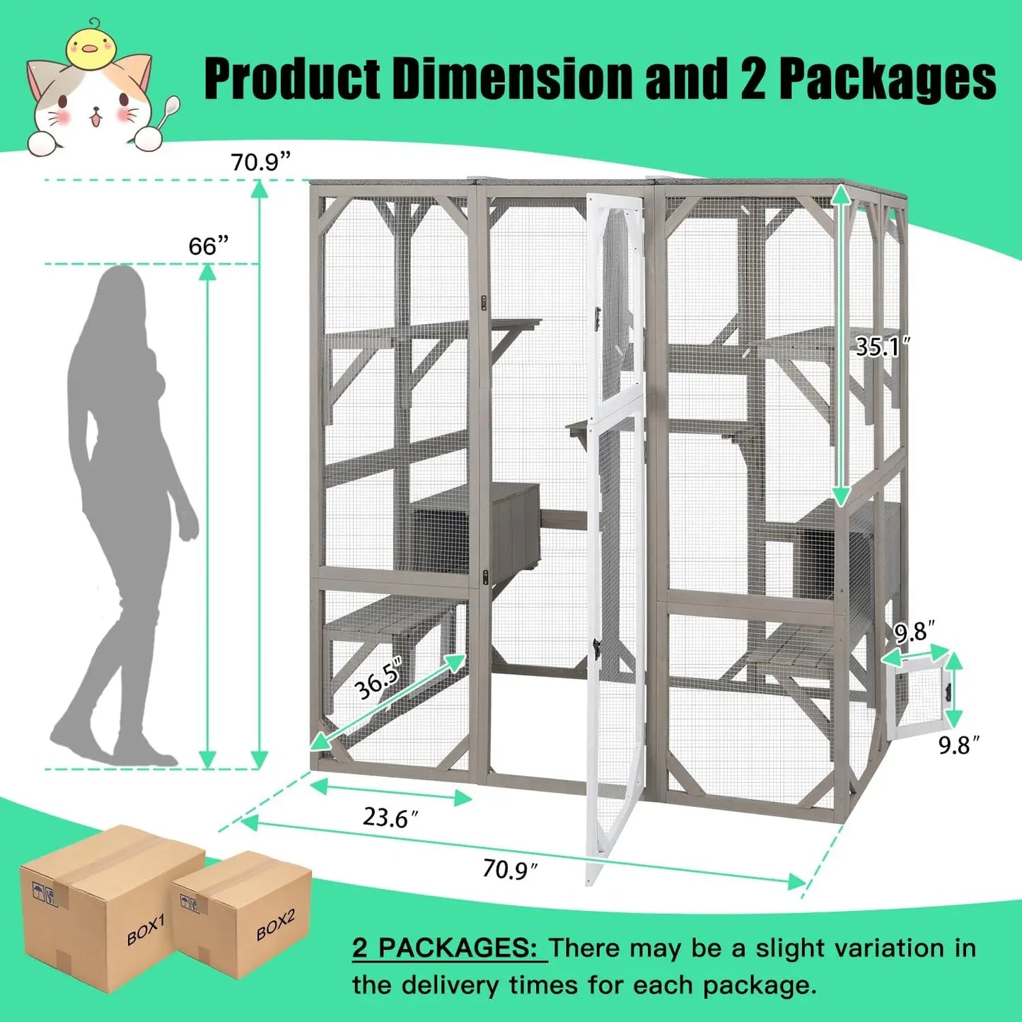Petscosset 71" Catio Outdoor Cat Enclosure Large Wooden Cat House with 5 Platforms for Multiple Cats
