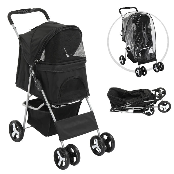 4 Wheels Pet Stroller, Dog Cat Stroller for Small/Medium Pets, Foldable with Cup Holder, Removable Liner, Storage Basket, Black.