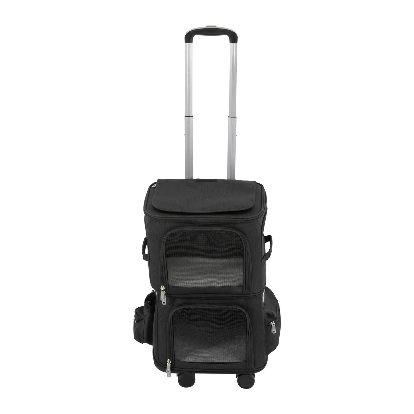 Double-Compartment Pet Rolling Carrier Cat Carrier w/Wheels Ventilated Design Pet Trolley Bag for 2 Pets Traveling, Camping