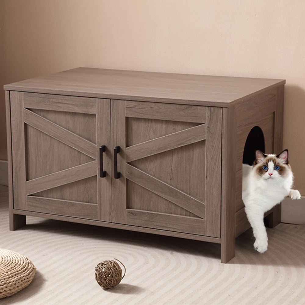 Cat Litter Box Enclosure Litter Box Furniture Hidden with Barn Door Wooden Cat Washroom Furniture Cat House End Table Fit Most