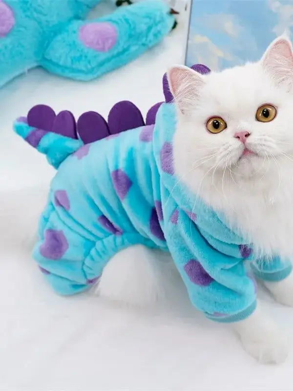 Dinosaur Plush Pet Costume 4-Leg Jumpsuit for Cats & Dogs Cute Winter Flannel Cosplay Outfit for Party Festival