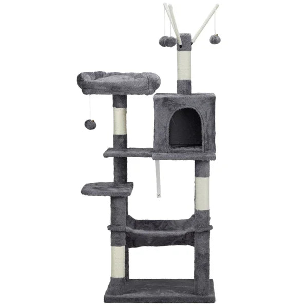 57" Cat Tree Tower for Indoors, Cat House with Padded Bed, Toy Balls, Cozy Condo, Sisal Scratching Posts, Dark Grey.