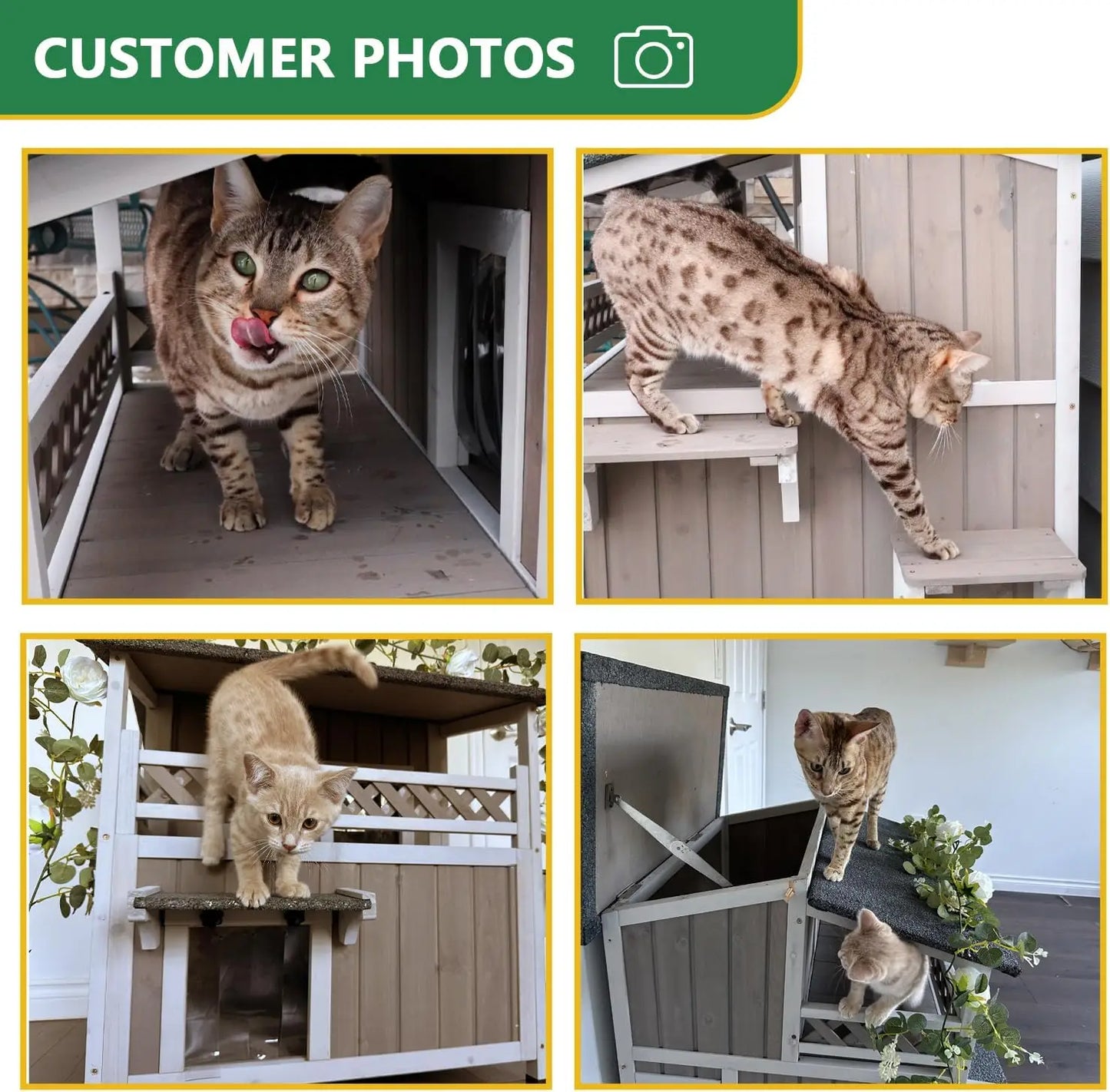 Petscosset Feral Cat Shelter Outdoor Weatherproof - Two Story Wooden Cat House Outside Feral Cat House with Balcony Waterproof,