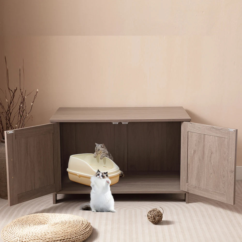 Cat Litter Box Enclosure Litter Box Furniture Hidden with Barn Door Wooden Cat Washroom Furniture Cat House End Table Fit Most