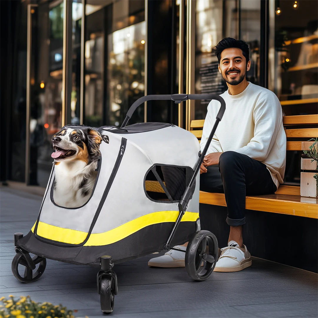 Foldable Dog Stroller with 4 Heavy Wheels Portable Universal Pet Travel Stroller for Small to Large Dogs, Rainproof Cover