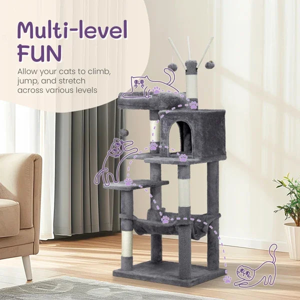 57" Cat Tree Tower for Indoors, Cat House with Padded Bed, Toy Balls, Cozy Condo, Sisal Scratching Posts, Dark Grey.