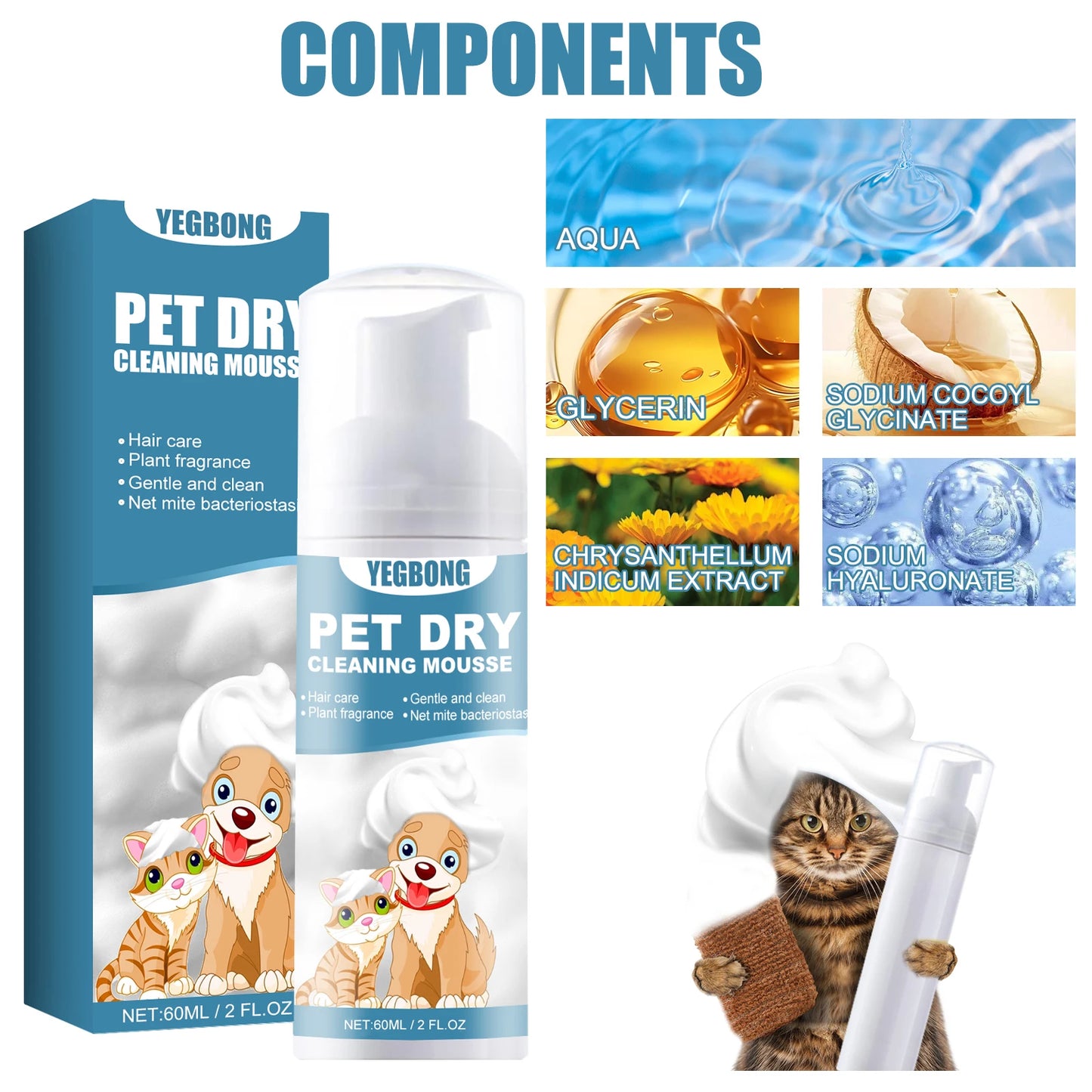 YEGBONG Pet Dry Shampoo Gentle Odor Neutralizing Hair Softening No Rinse Vet Recommended for Puppies Kittens Sensitive Skin
