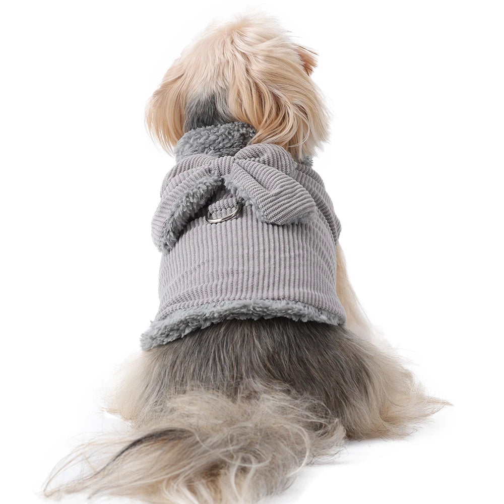 Winter Warm Cat Costume Corduroy Bow Puppy Kitty Coat With D-ring Cute Pet Jacket for Small Medium Dogs Cats Sphynx Pug Costume