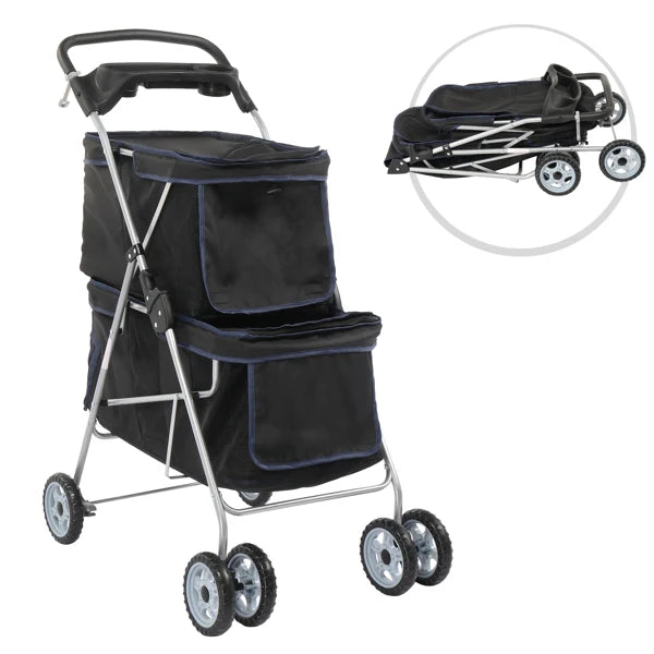 Pet Stroller for 2 Dogs/Cats, Double 4-Wheel Carrier Jogger for Small-Medium Pets, Waterproof Folding Crate with Soft Pad.