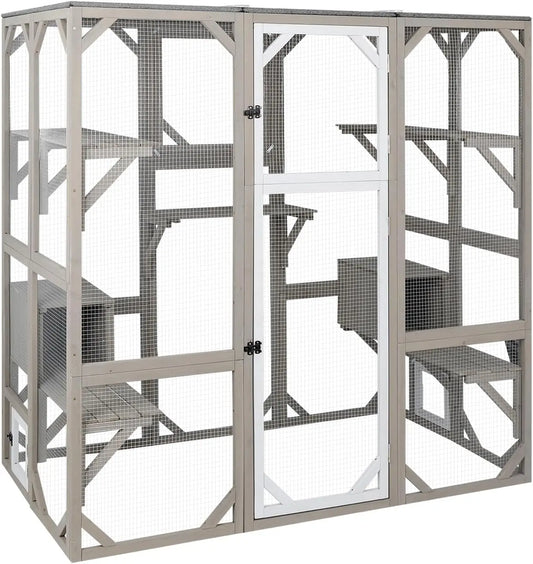 Petscosset 71" Catio Outdoor Cat Enclosure Large Wooden Cat House with 5 Platforms for Multiple Cats