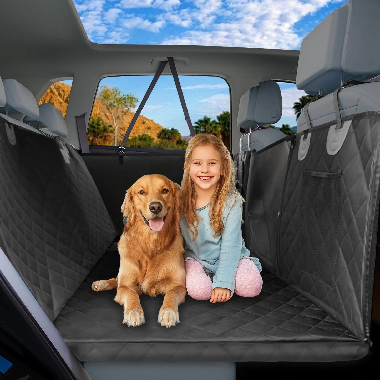 Bingopaw Large Dog Car Seat Cover Back Seat Extender Backseat Protection for Cars with Pockets Hard Bottom Waterproof