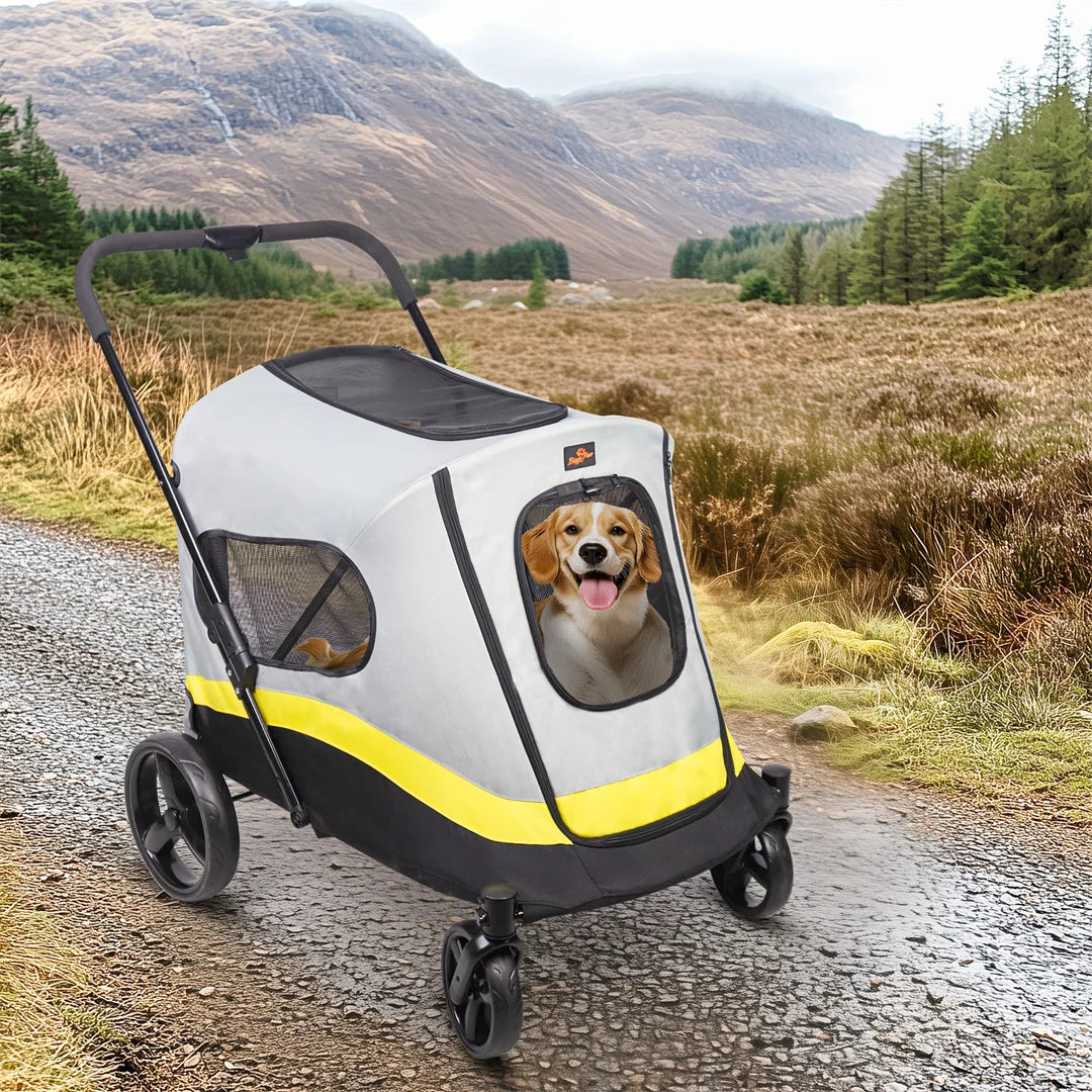 Foldable Dog Stroller with 4 Heavy Wheels Portable Universal Pet Travel Stroller for Small to Large Dogs, Rainproof Cover