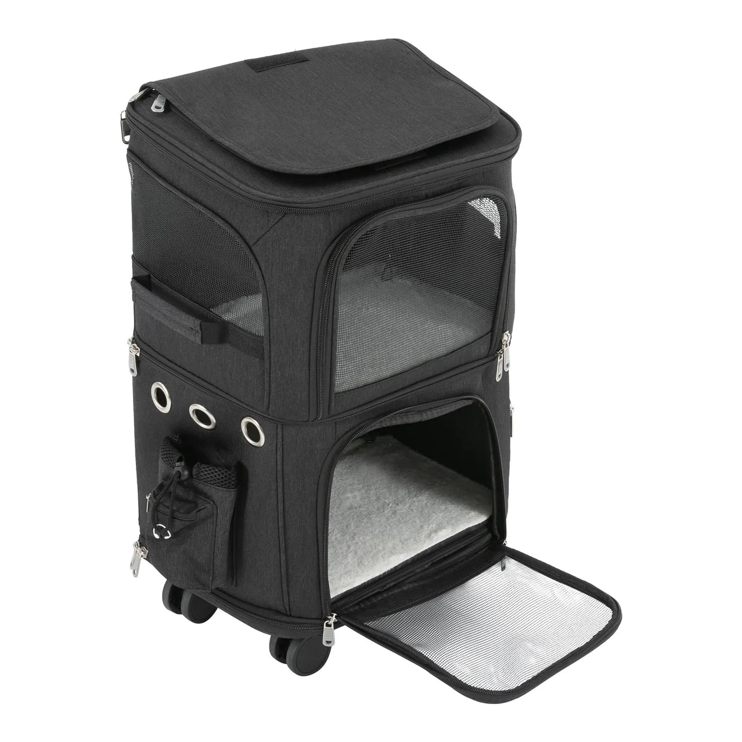 Double-Compartment Pet Rolling Carrier Cat Carrier w/Wheels Ventilated Design Pet Trolley Bag for 2 Pets Traveling, Camping