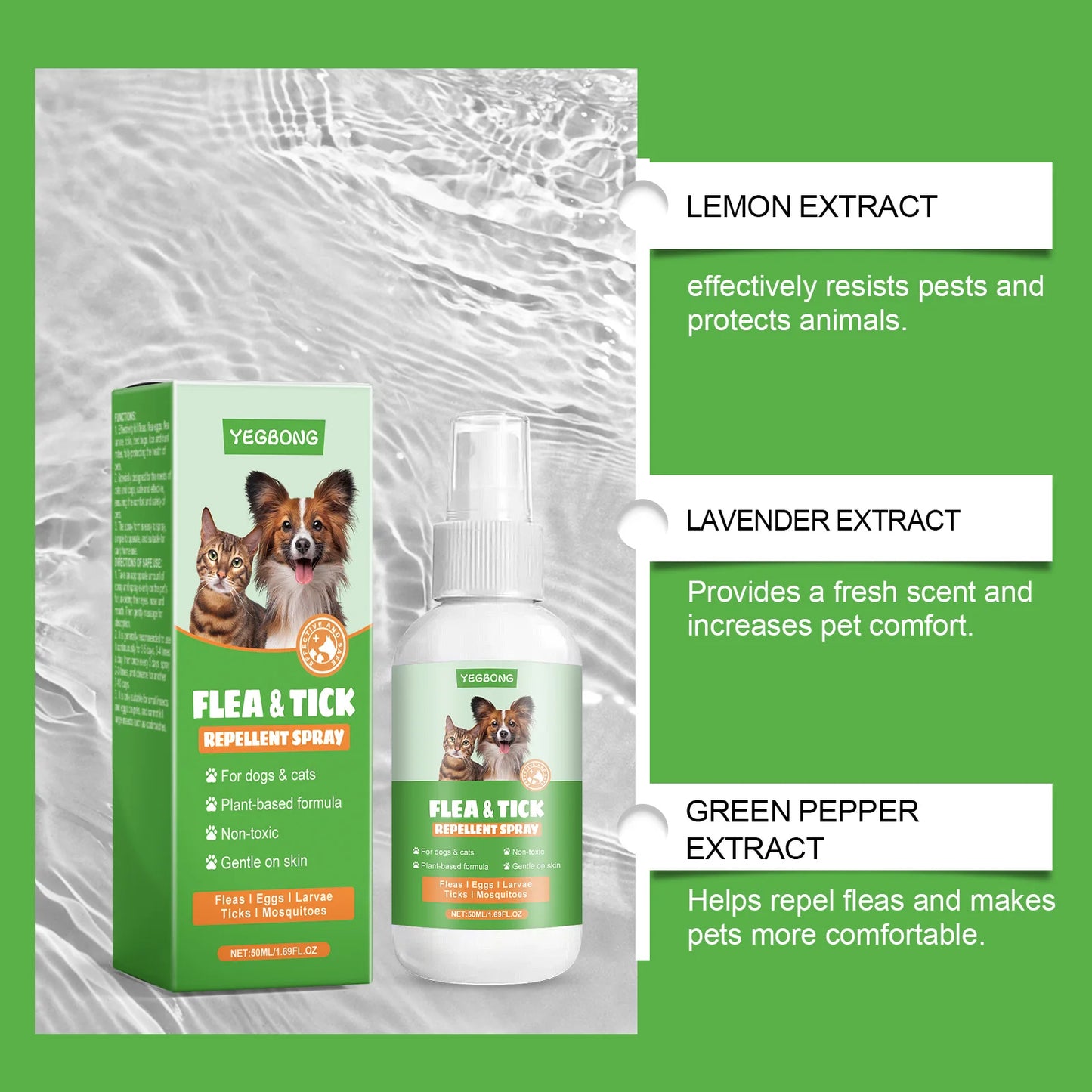YEGBONG 50ml Pet Flea Mite Defense Spray Hypoallergenic Gentle Coat Care for Dogs and Cats with Non Toxic Plant Based Formula