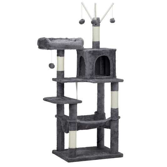57" Cat Tree Tower for Indoors, Cat House with Padded Bed, Toy Balls, Cozy Condo, Sisal Scratching Posts, Dark Grey.