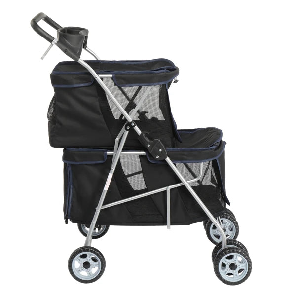 Pet Stroller for 2 Dogs/Cats, Double 4-Wheel Carrier Jogger for Small-Medium Pets, Waterproof Folding Crate with Soft Pad.