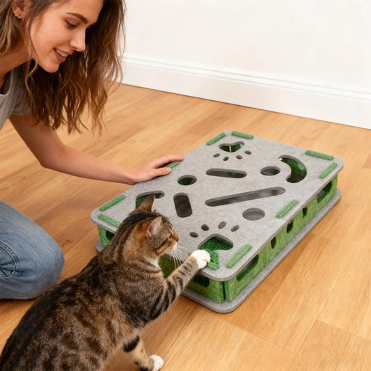 Cat Scratch Toy & Nail File Box - Interactive Enrichment with Bell Balls & Felt Pad Furniture Protector for Indoor Kittens & Cat