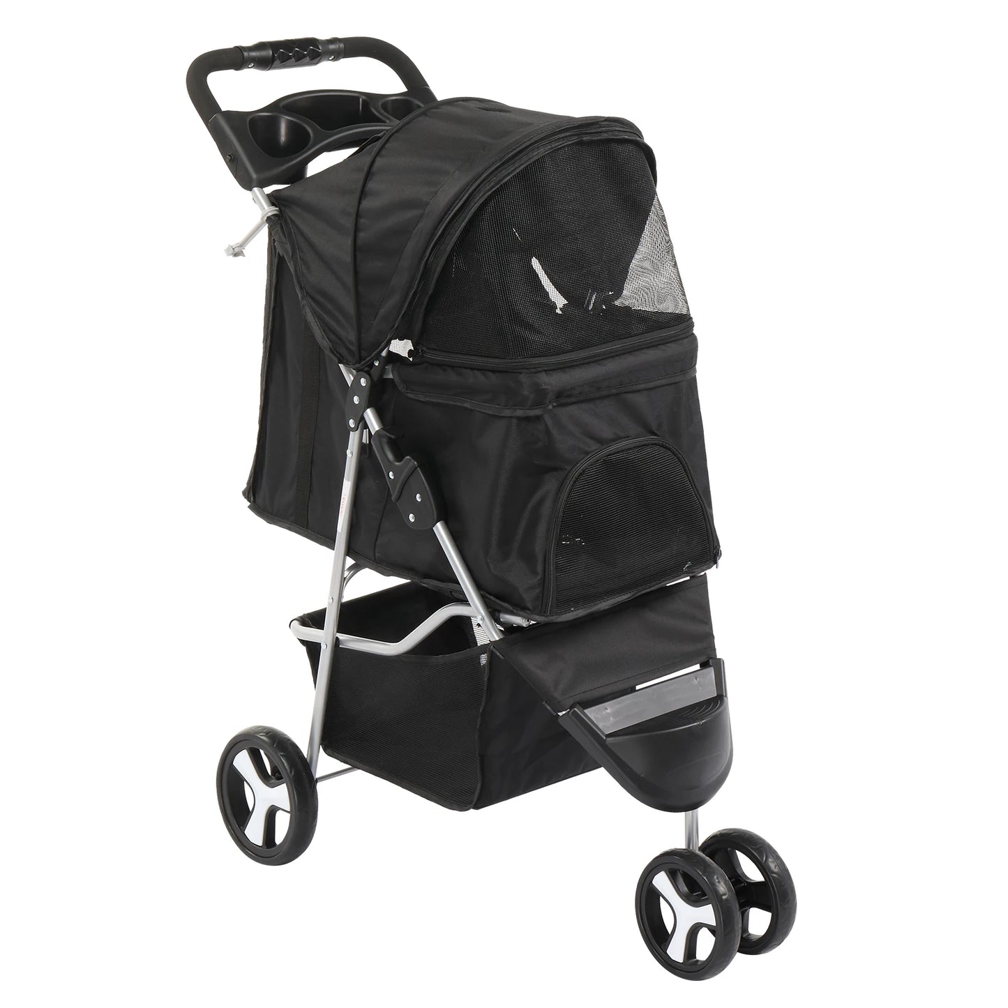 3 Wheels Pet Stroller, Dog Cat Cage Jogger for Med/Small Pets, Foldable & Waterproof Travel Carrier with Cup Holder.