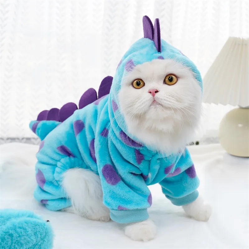 Dinosaur Plush Pet Costume 4-Leg Jumpsuit for Cats & Dogs Cute Winter Flannel Cosplay Outfit for Party Festival