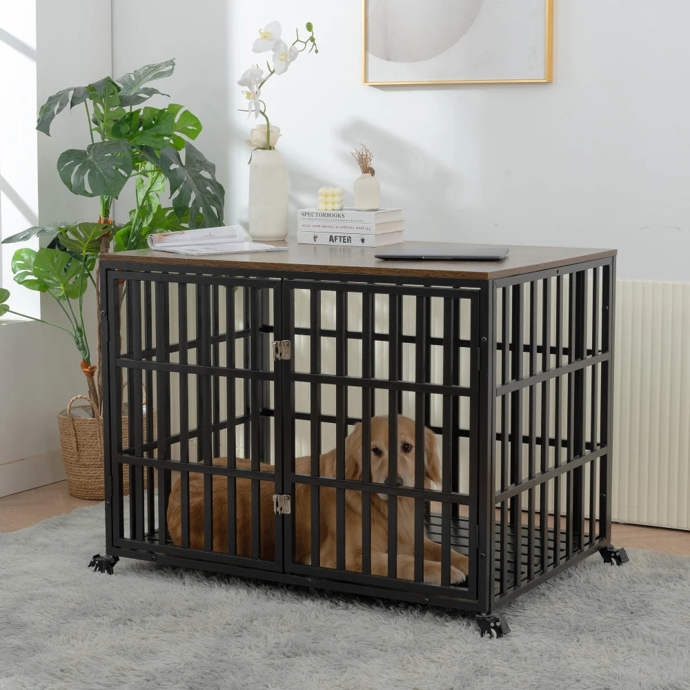 42 "Heavy duty dog crate for large medium sized dogs, with 4 lockable wheels and 2 locks, wooden cage for pets kennel furniture
