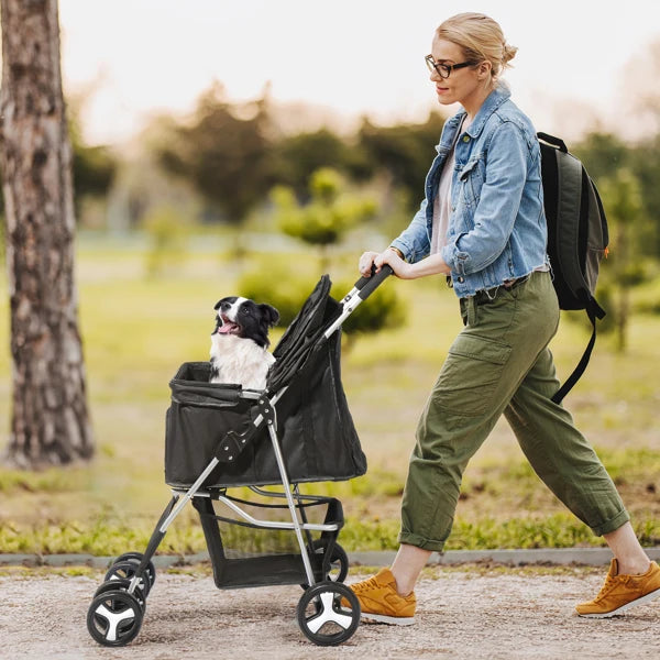 4 Wheels Pet Stroller, Dog Cat Stroller for Small/Medium Pets, Foldable with Cup Holder, Removable Liner, Storage Basket, Black.