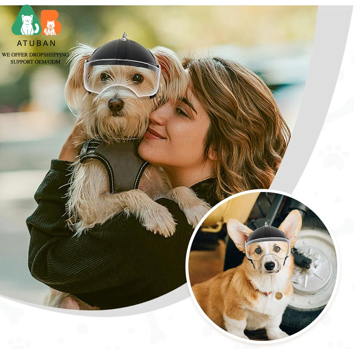 ATUBAN Dog Helmet Small Breed,Dog Motorcycle Helmet Drop-Down Clear Visor for Outdoor Motorcycling Windproof Pet Hat with Rivet