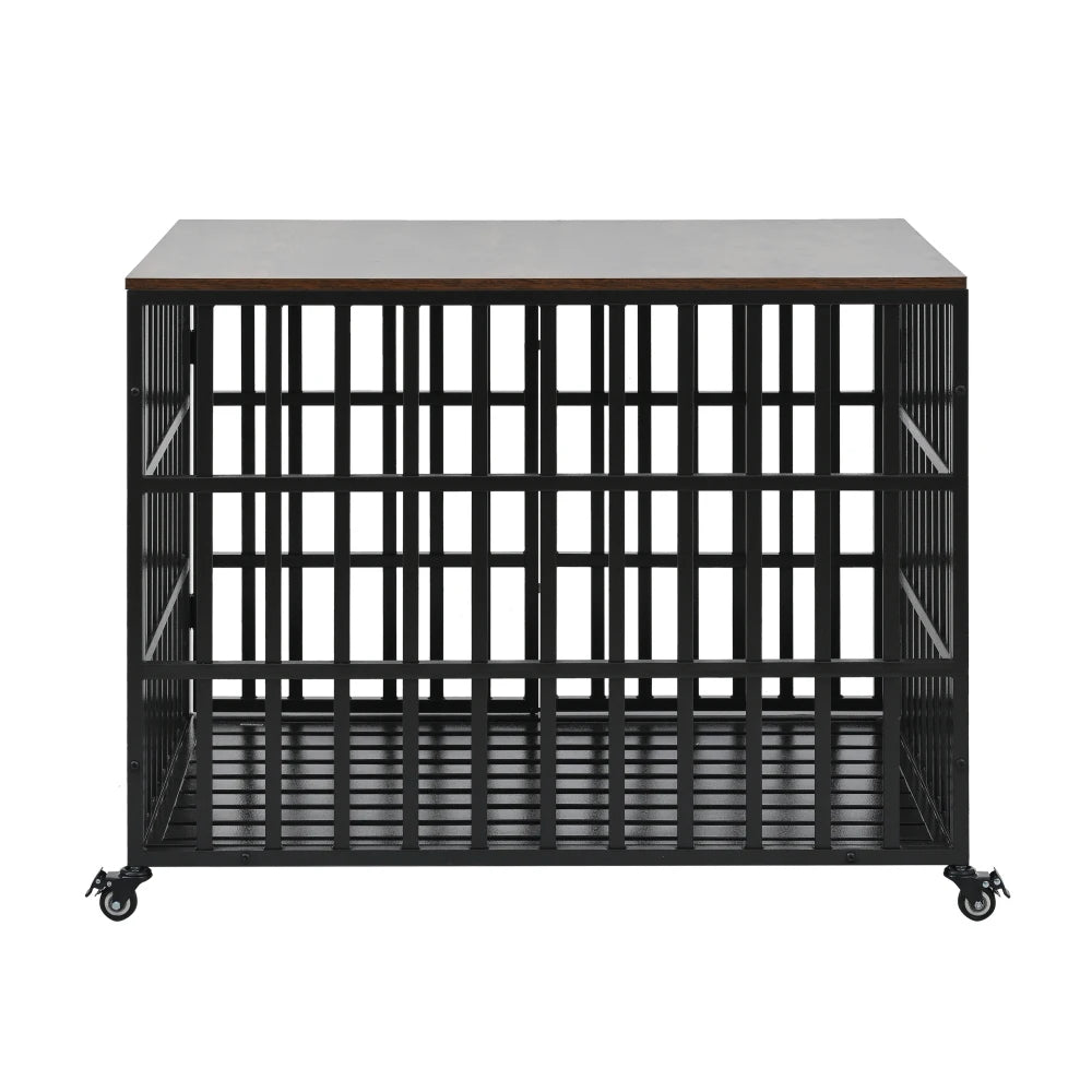 42 "Heavy duty dog crate for large medium sized dogs, with 4 lockable wheels and 2 locks, wooden cage for pets kennel furniture