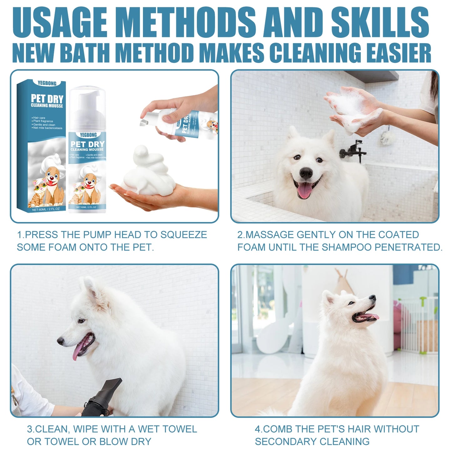 YEGBONG Pet Dry Shampoo Gentle Odor Neutralizing Hair Softening No Rinse Vet Recommended for Puppies Kittens Sensitive Skin