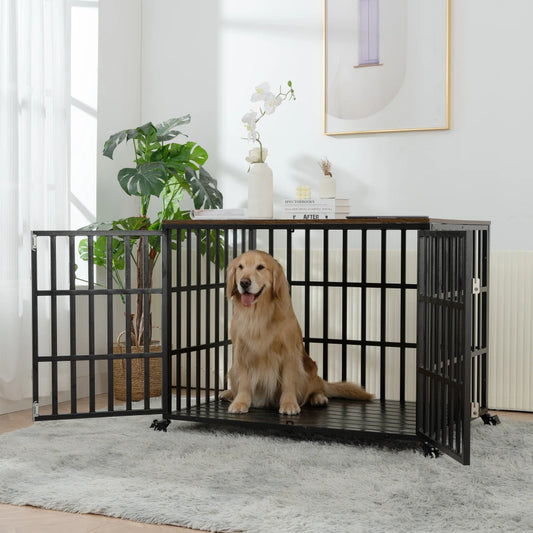 42 "Heavy duty dog crate for large medium sized dogs, with 4 lockable wheels and 2 locks, wooden cage for pets kennel furniture