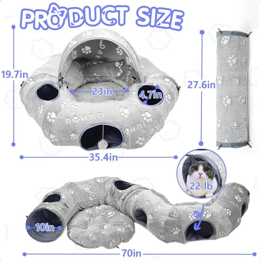 Cat Tunnel Bed Cat Tunnels for Indoor Cats Cat Donut Tunnel Toy with Washable Circle Cushion Straight Shaped Tunnel 4 Fluffy Ba