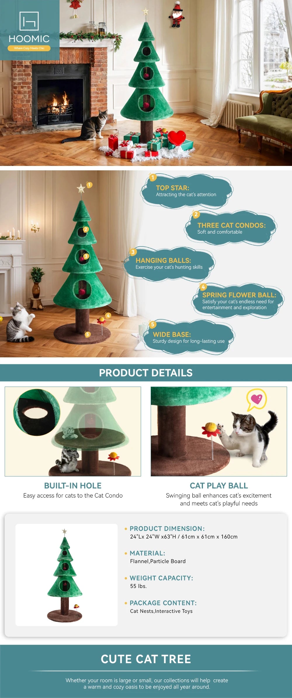 HOOMIC 63 Inches Cat Christmas Tree/Cat Tower/Cat House with Plush Ball/Cat Toys/Cozy Cat Condo for Indoor Cats/Wide Base/Green