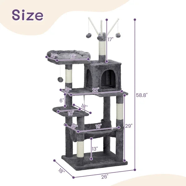 57" Cat Tree Tower for Indoors, Cat House with Padded Bed, Toy Balls, Cozy Condo, Sisal Scratching Posts, Dark Grey.