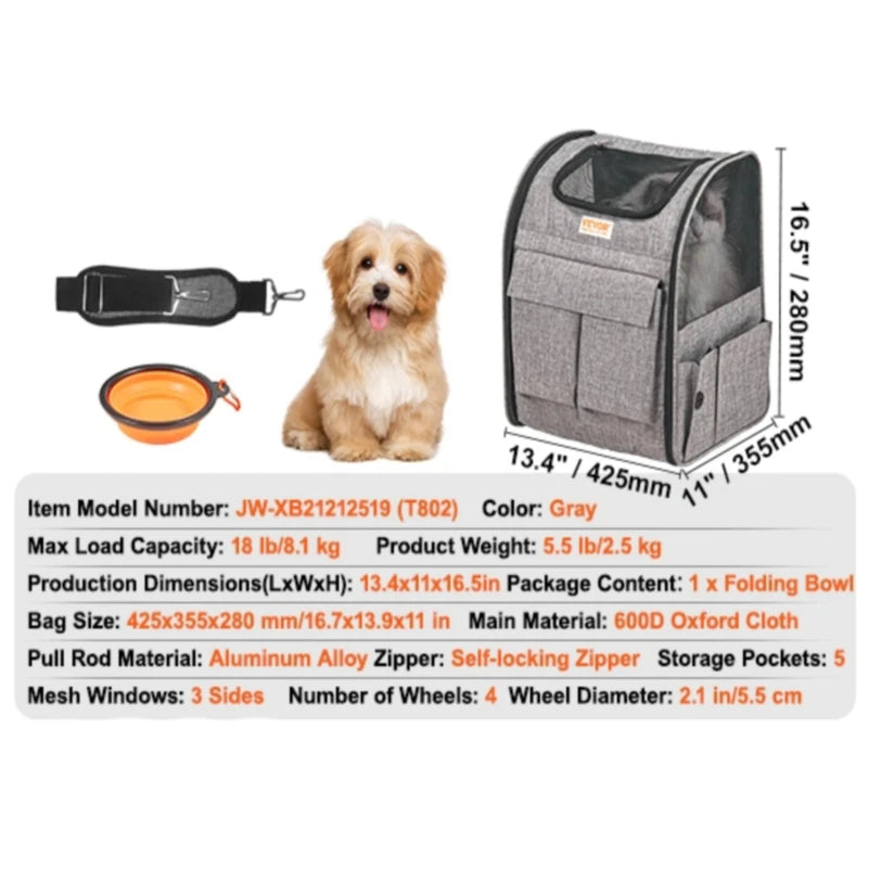 Cat Carrier with Wheels,Dog Carrier with Wheels for Pets under 22 lbs, with 1 Folding Bowl, Grey