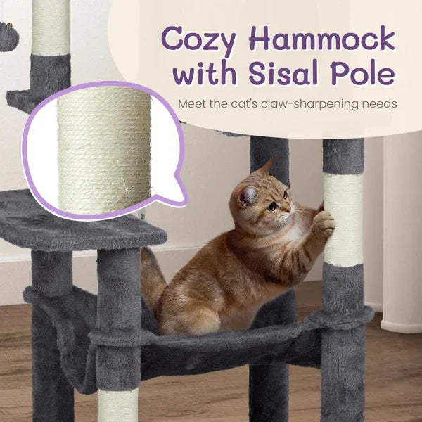 57" Cat Tree Tower for Indoors, Cat House with Padded Bed, Toy Balls, Cozy Condo, Sisal Scratching Posts, Dark Grey.
