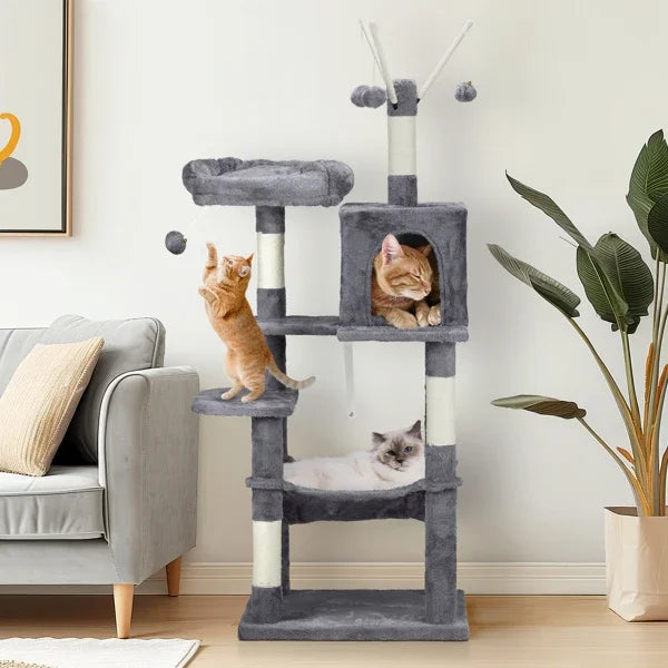 57" Cat Tree Tower for Indoors, Cat House with Padded Bed, Toy Balls, Cozy Condo, Sisal Scratching Posts, Dark Grey.