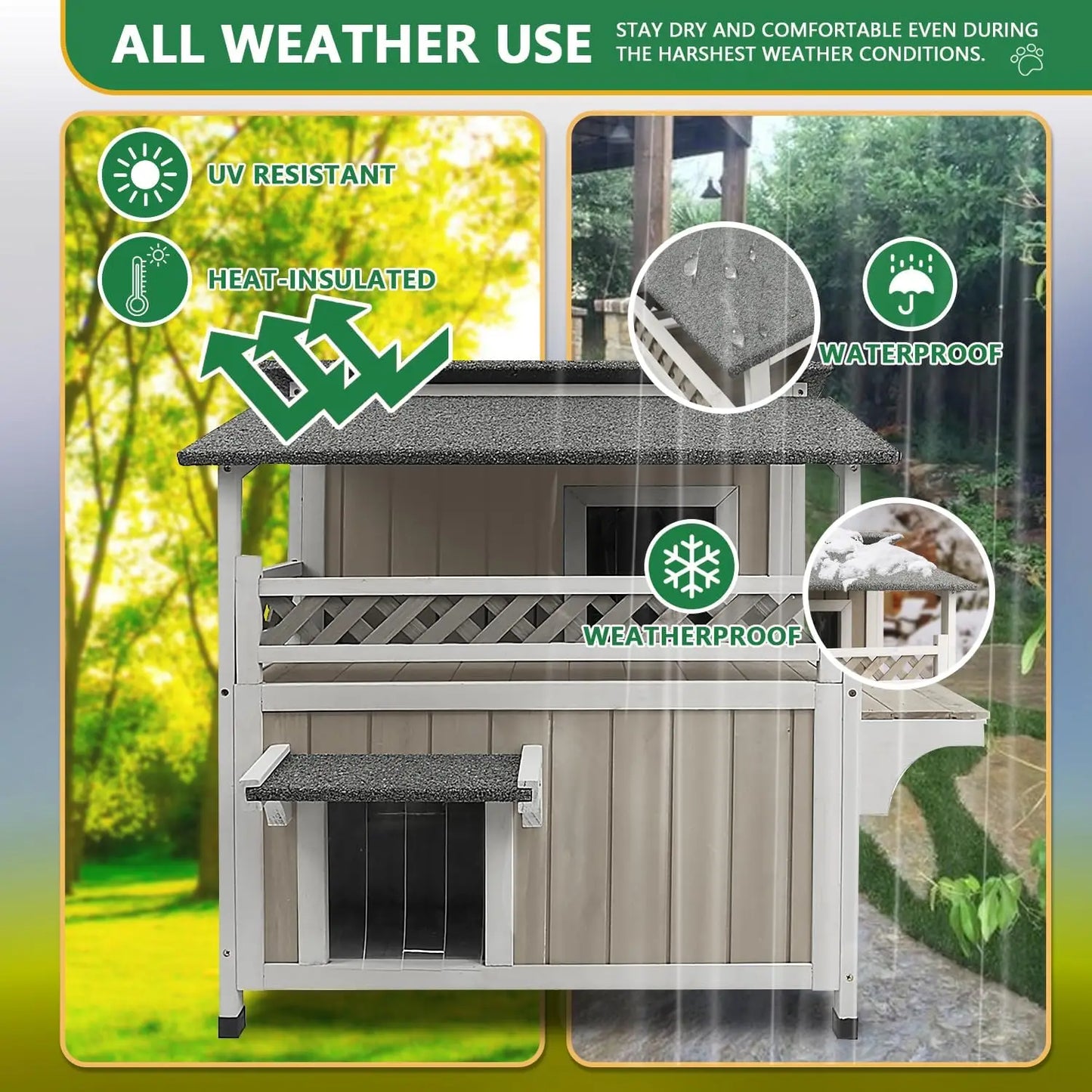Petscosset Feral Cat Shelter Outdoor Weatherproof - Two Story Wooden Cat House Outside Feral Cat House with Balcony Waterproof,