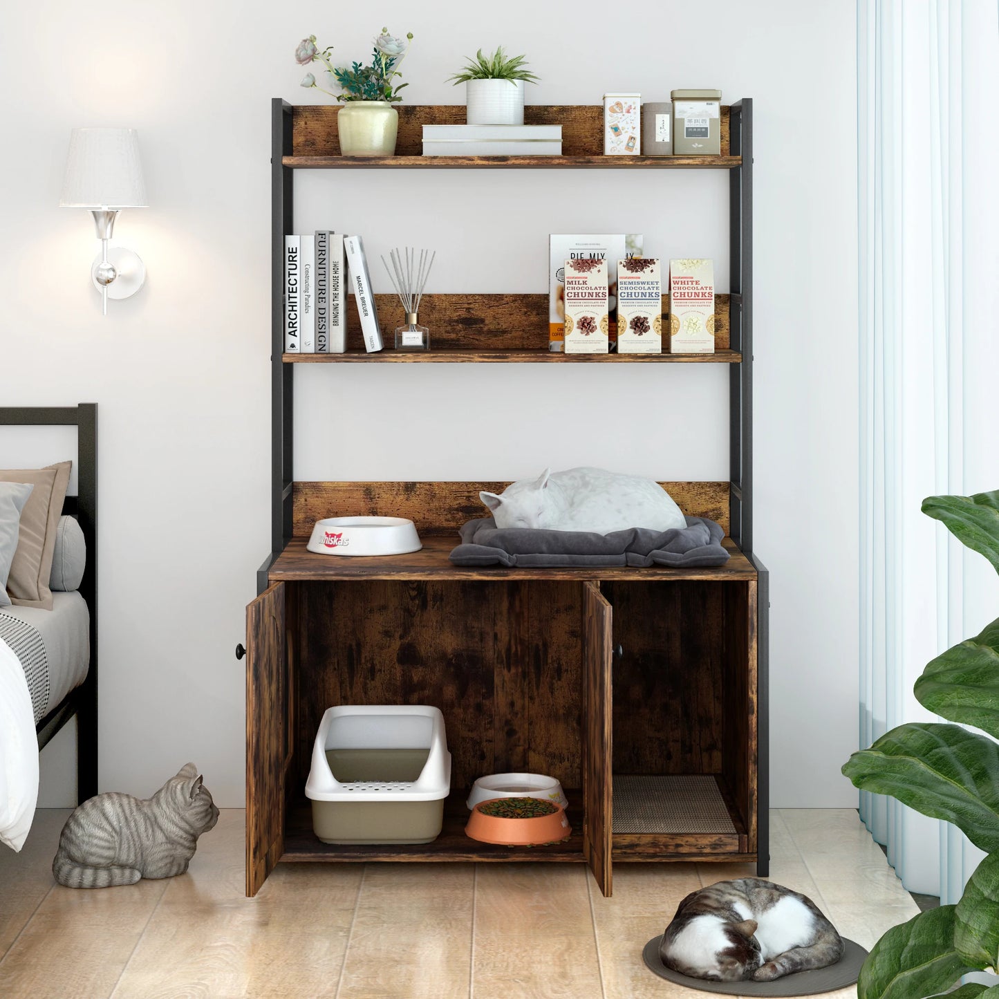 Wooden Hidden Cat Litter Box Enclosure Furniture with Shelves 2 Door Indoor Cat Sanctuary House with Scratch Pad Pets Product