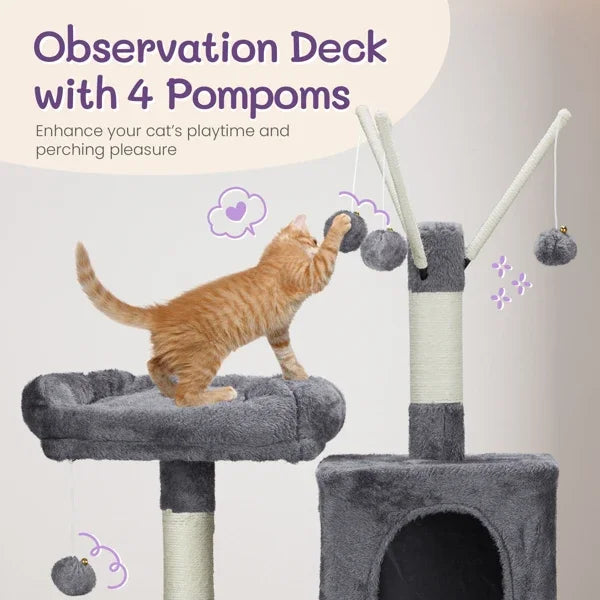 57" Cat Tree Tower for Indoors, Cat House with Padded Bed, Toy Balls, Cozy Condo, Sisal Scratching Posts, Dark Grey.