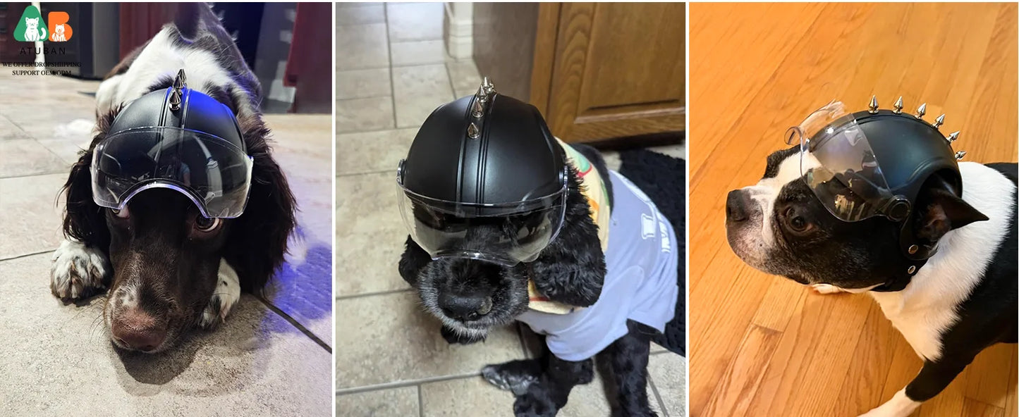 ATUBAN Dog Helmet Small Breed,Dog Motorcycle Helmet Drop-Down Clear Visor for Outdoor Motorcycling Windproof Pet Hat with Rivet