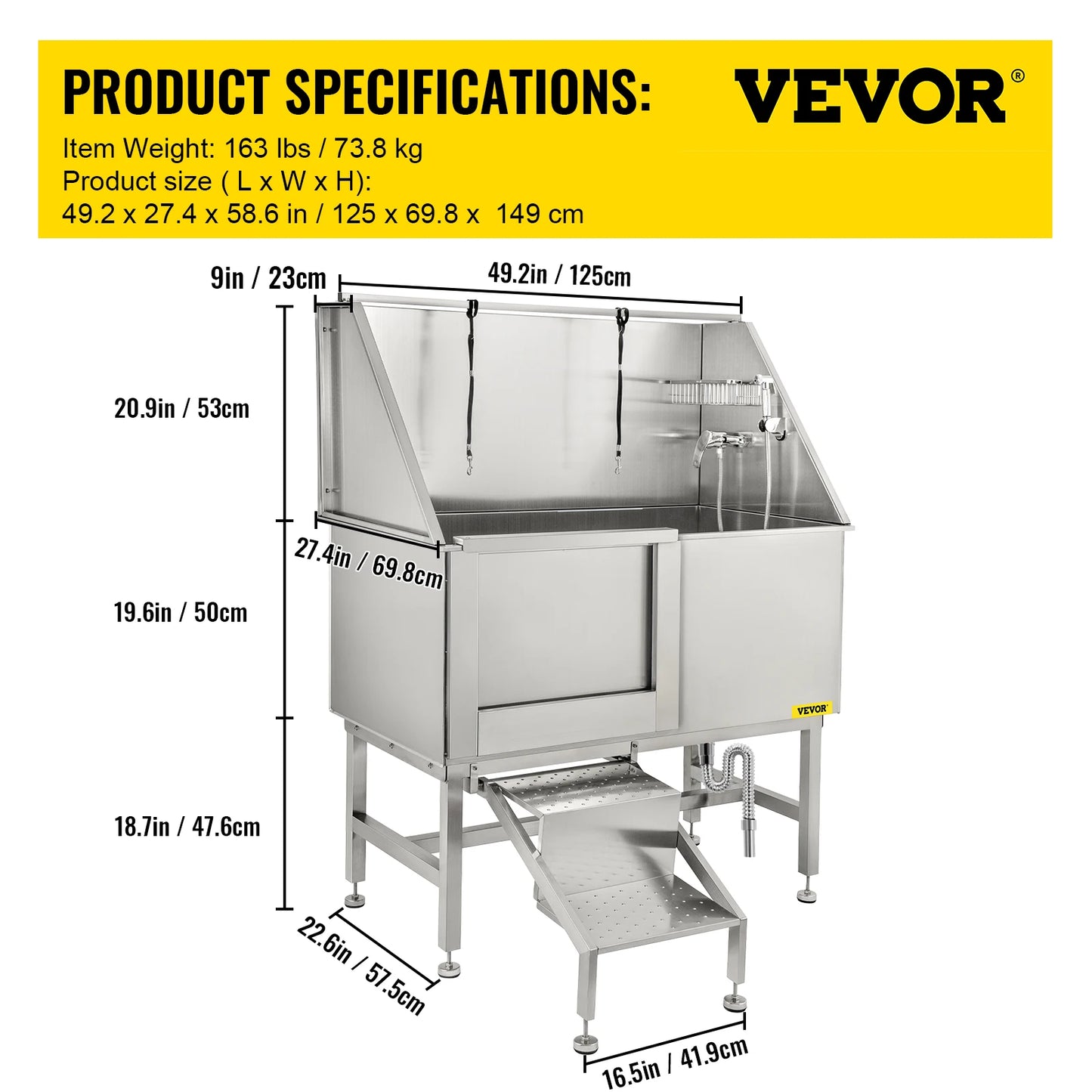 VEVOR 50 Inch Dog Grooming Tub Professional Stainless Steel Pet Dog Bath Tub With Steps Faucet & Accessories Dog Washing Station
