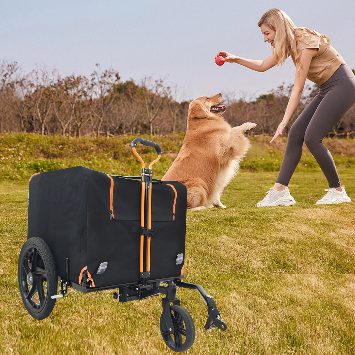 Foldable Pet Jogging Stroller Dog Carriers Bicycle Trailer Pet Dog Cat Bike Trailer Orange and Black - Ideal for Small Pets