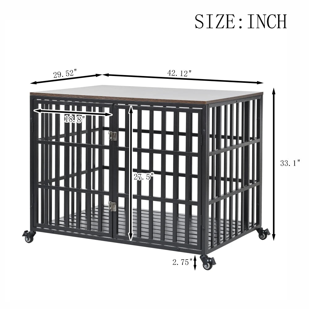 42 "Heavy duty dog crate for large medium sized dogs, with 4 lockable wheels and 2 locks, wooden cage for pets kennel furniture