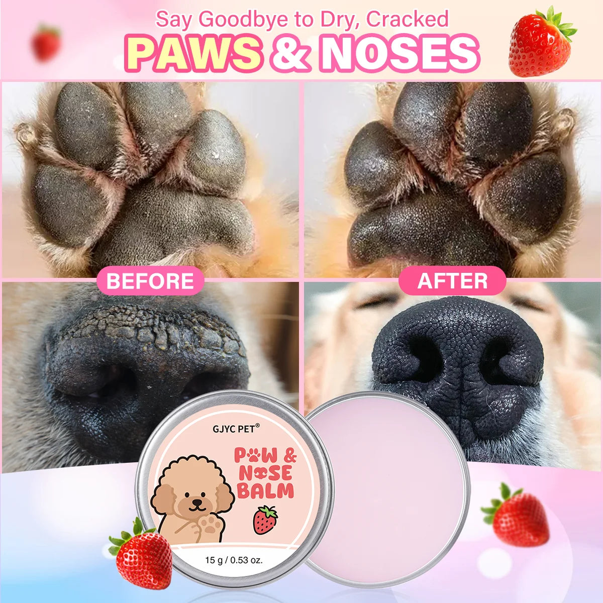GJYC PET Strawberry Scented Natural Gentle Nourishing Pet Paw Care Cream Softens Pads Prevents Cracked Paws For Dogs Cats