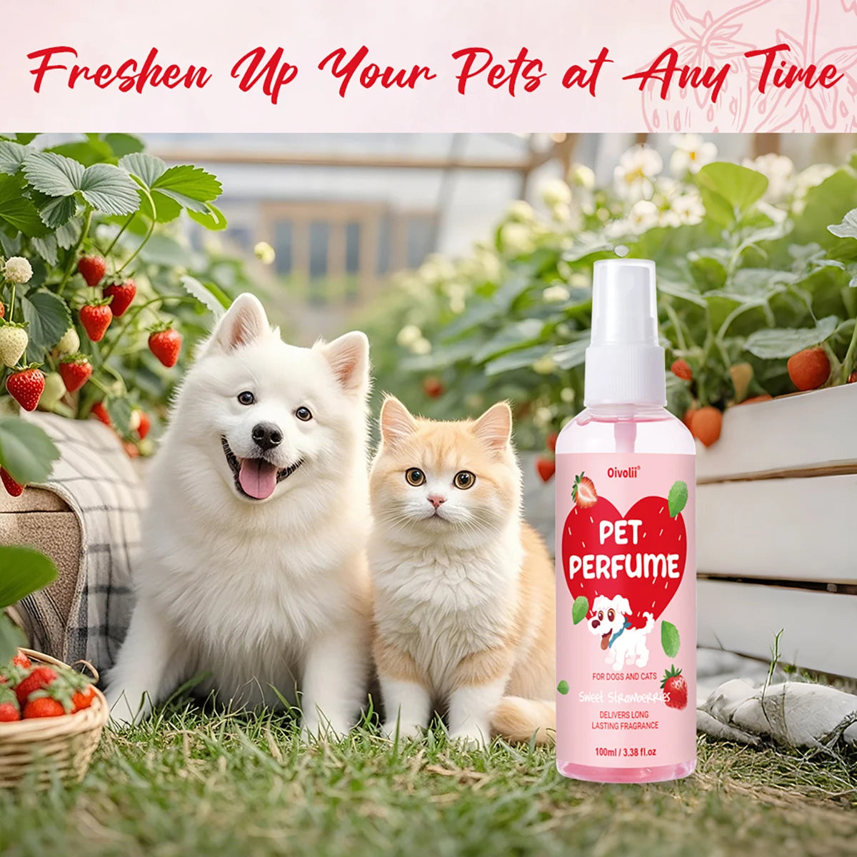 100ml Strawberry Scent Pet Perfume Spray Long-Lasting Deodorant Natural Formula for Dogs Cats All Breeds Air Freshener