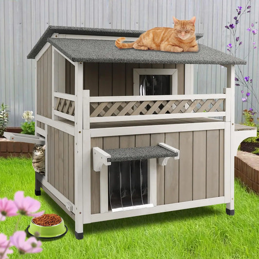 Petscosset Feral Cat Shelter Outdoor Weatherproof - Two Story Wooden Cat House Outside Feral Cat House with Balcony Waterproof,