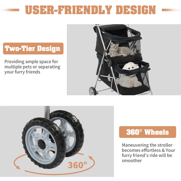 Pet Stroller for 2 Dogs/Cats, Double 4-Wheel Carrier Jogger for Small-Medium Pets, Waterproof Folding Crate with Soft Pad.