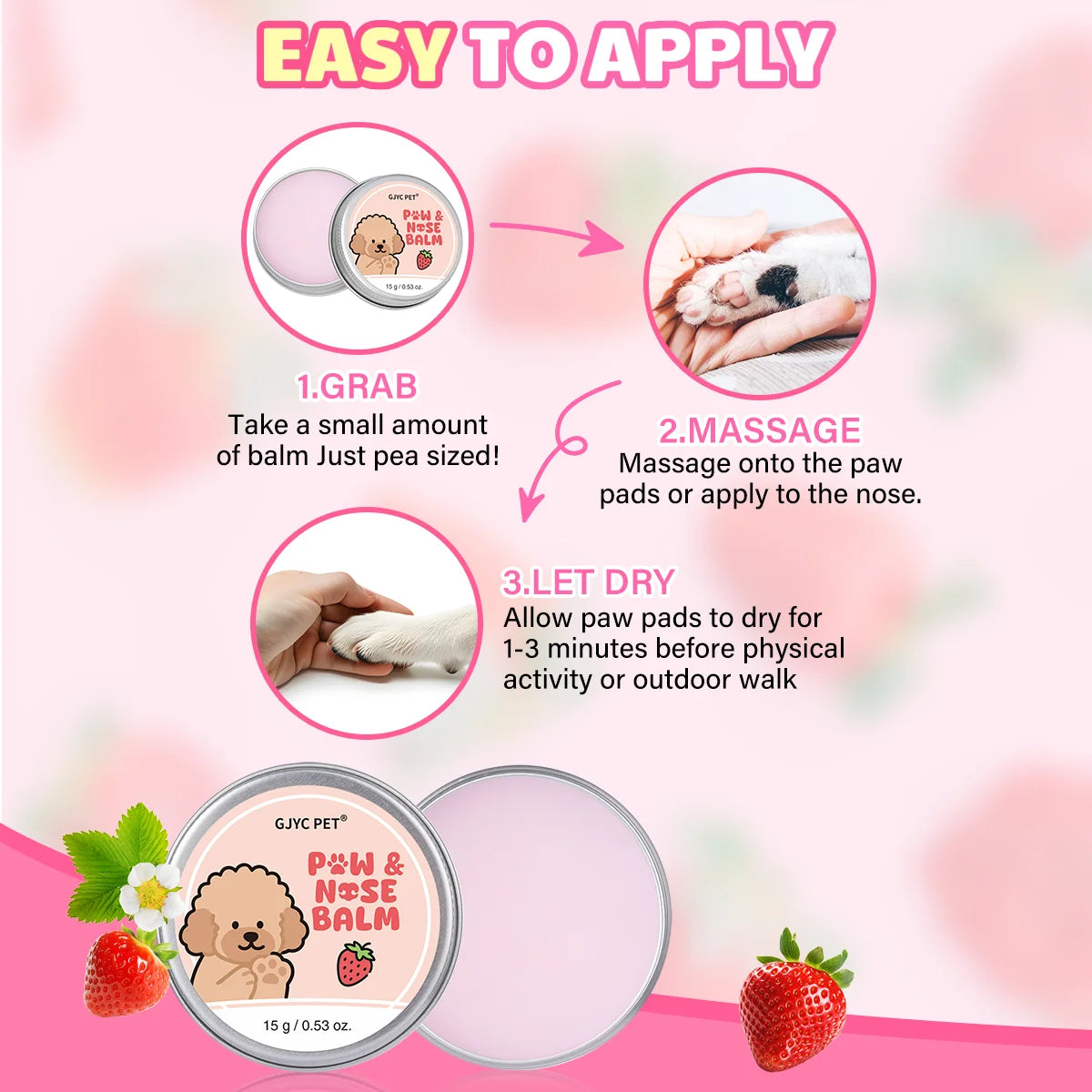 GJYC PET Strawberry Scented Natural Gentle Nourishing Pet Paw Care Cream Softens Pads Prevents Cracked Paws For Dogs Cats