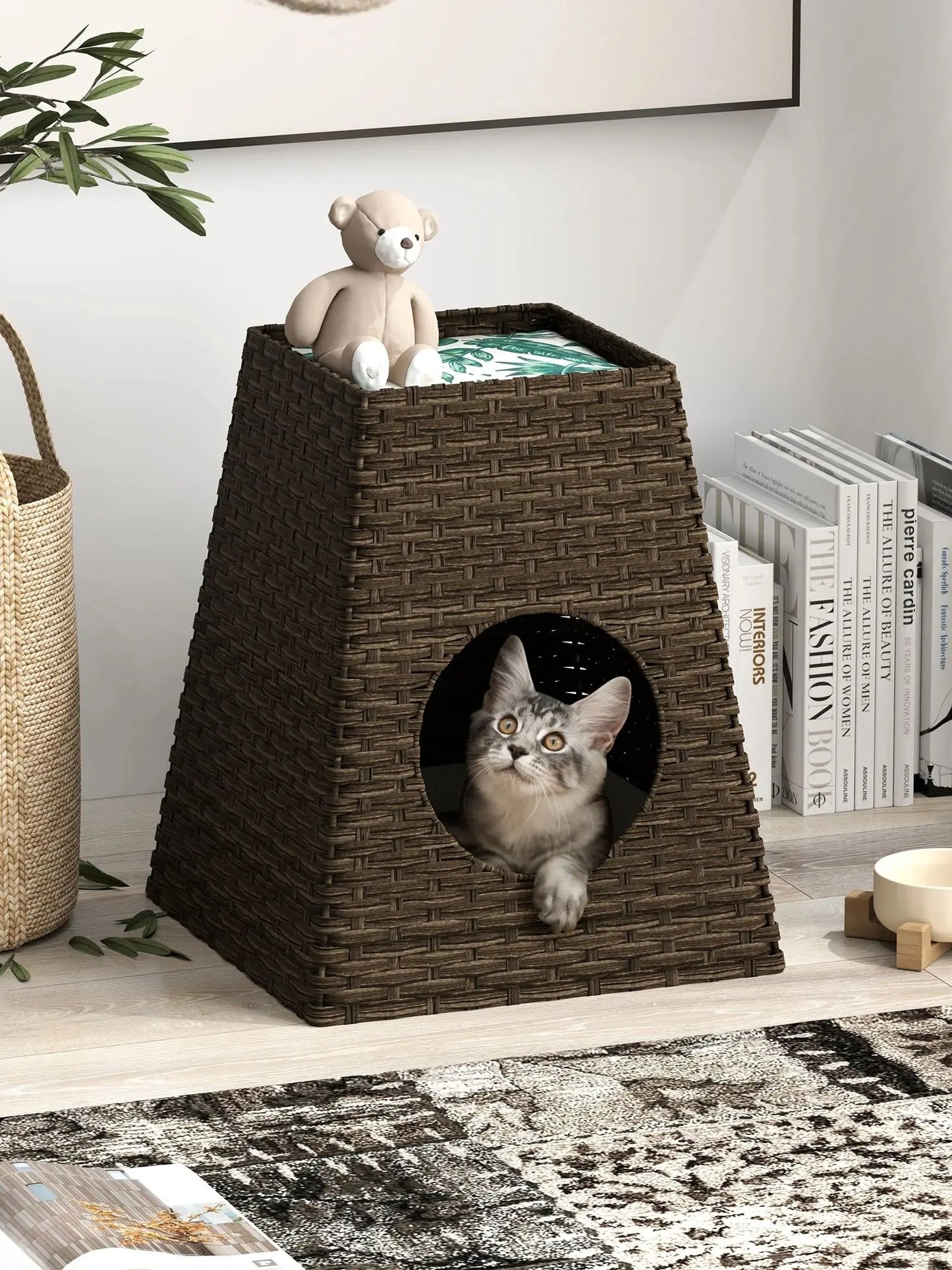 Woven Rattan Cat Litter Box Enclosure Furniture, Rattan Cat House with Cat Litter Box, Detachable Cat Washroom with Cotton Linen