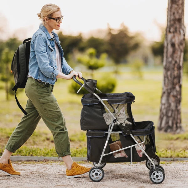 Pet Stroller for 2 Dogs/Cats, Double 4-Wheel Carrier Jogger for Small-Medium Pets, Waterproof Folding Crate with Soft Pad.
